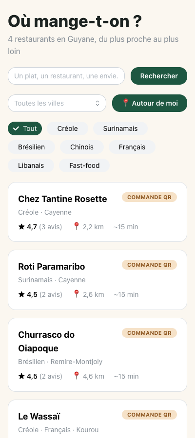 Page de découverte : recherche, filtres et restaurants triés par distance