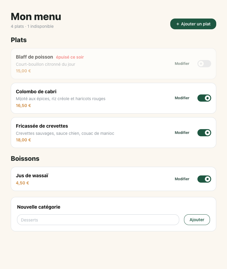 Gestion du menu : catégories, plats, prix et disponibilité