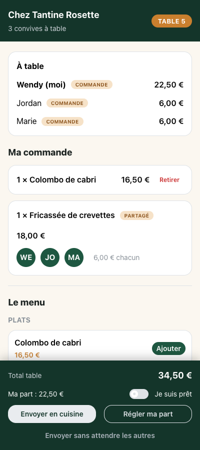 Écran de commande partagée : trois convives, un plat partagé à 18 € divisé en 6 € chacun